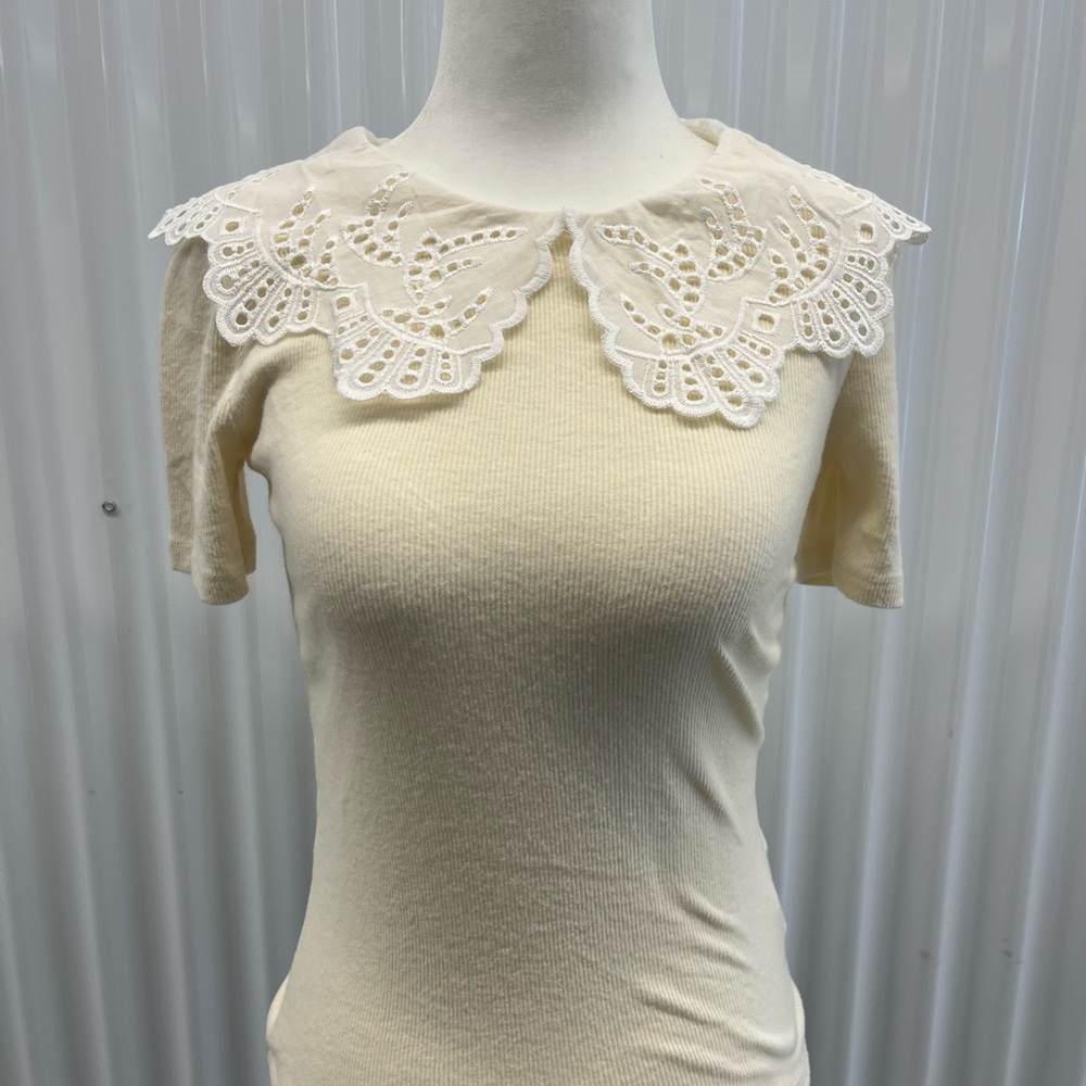 Zara Cream Short Sleeve Top with Lace Collar
